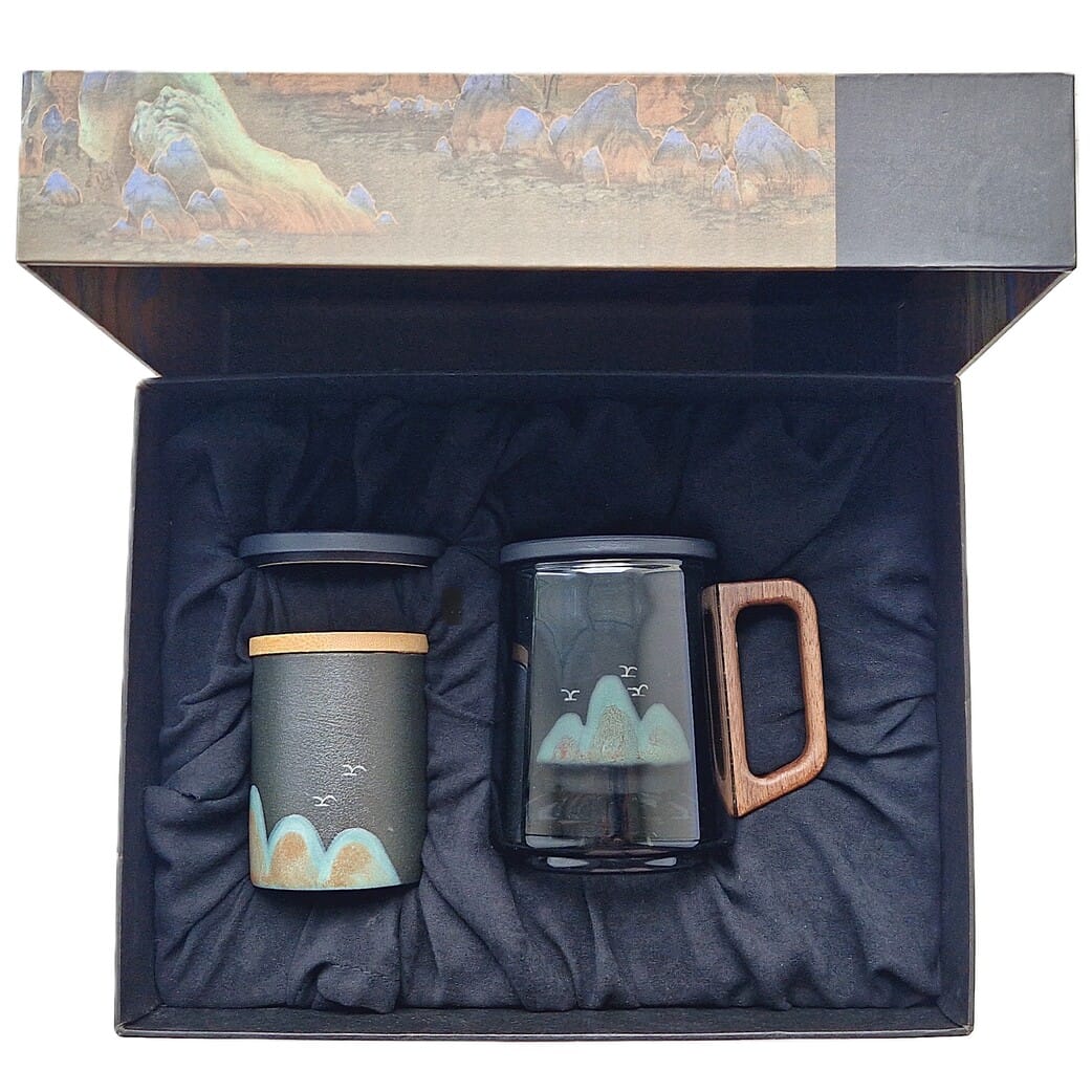 Dovanų rinkinys su borosilikatiniu puodeliu ir arbatos dėžute
