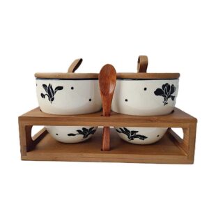 Prieskonių laikymo indeliai iš keramikos su mediniais dangteliais ir stilingu stovu