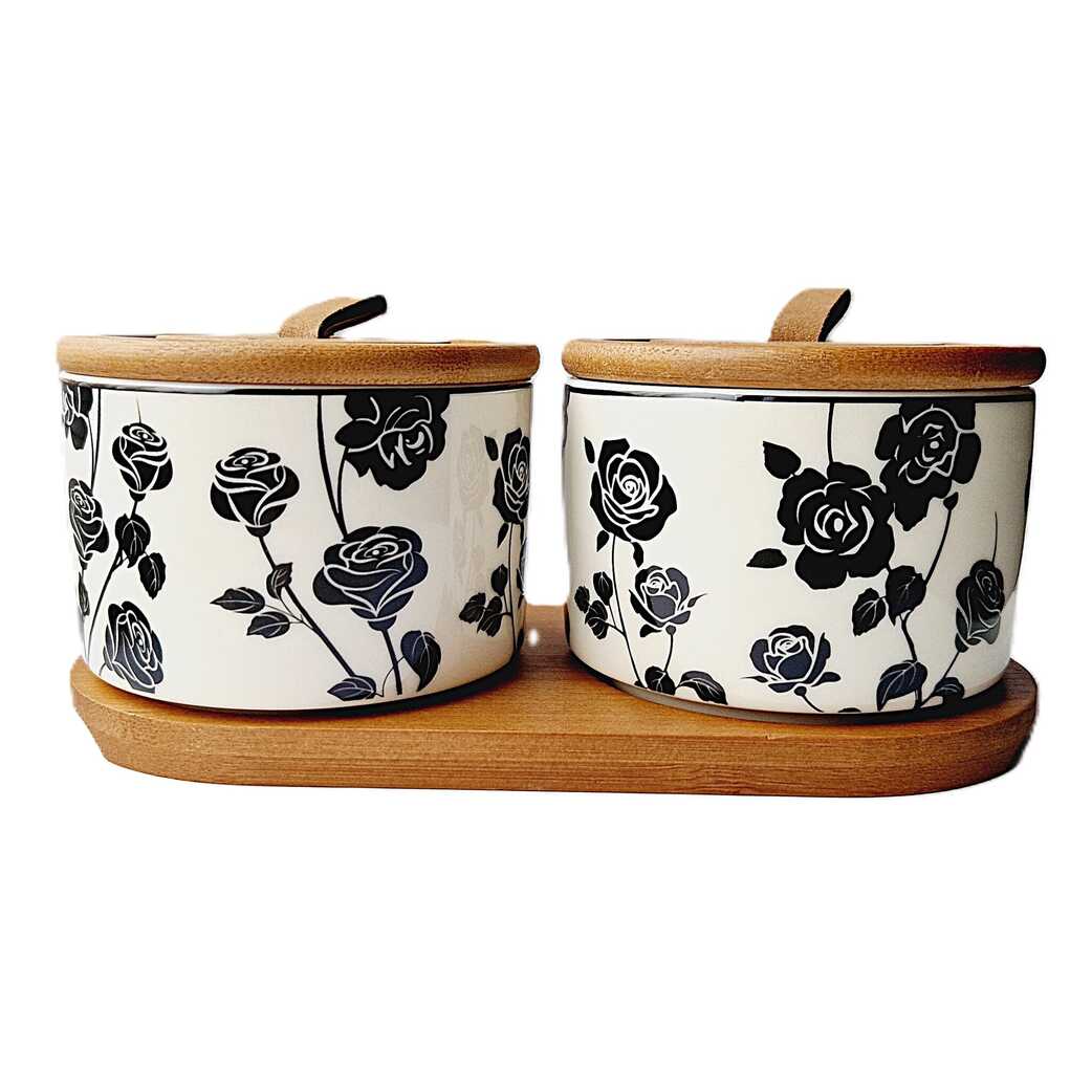 keraminių indelių komplektas su rožių raštu