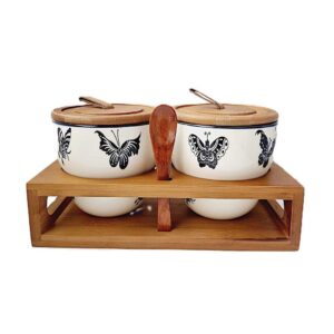 Keraminių indelių rinkinys birių produktų laikymui su mediniais dangteliais ir stovu