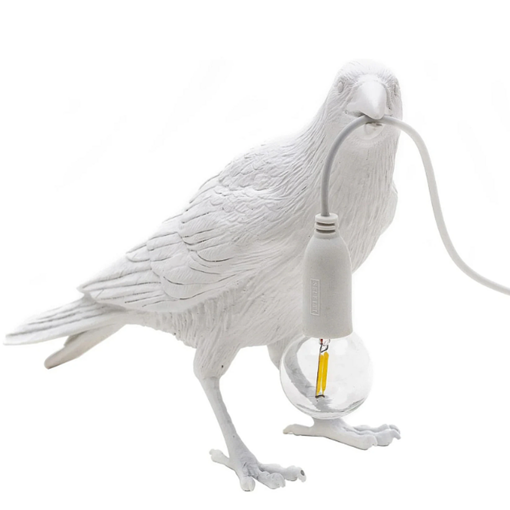 Balta dekoratyvinė varna laikanti lemputę